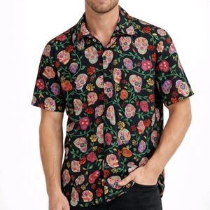 David Carey Men's Shirt Black Sugar Scull Rose Short Sleeve Button Up Size L